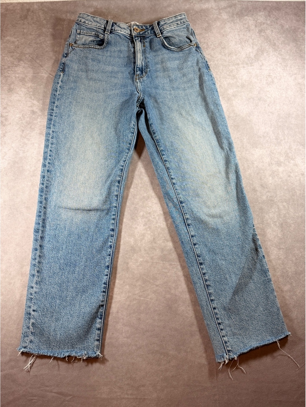 Zara Light Blue Straight Leg Denim Jeans with Raw Hem, Size EUR 38 / USA 6